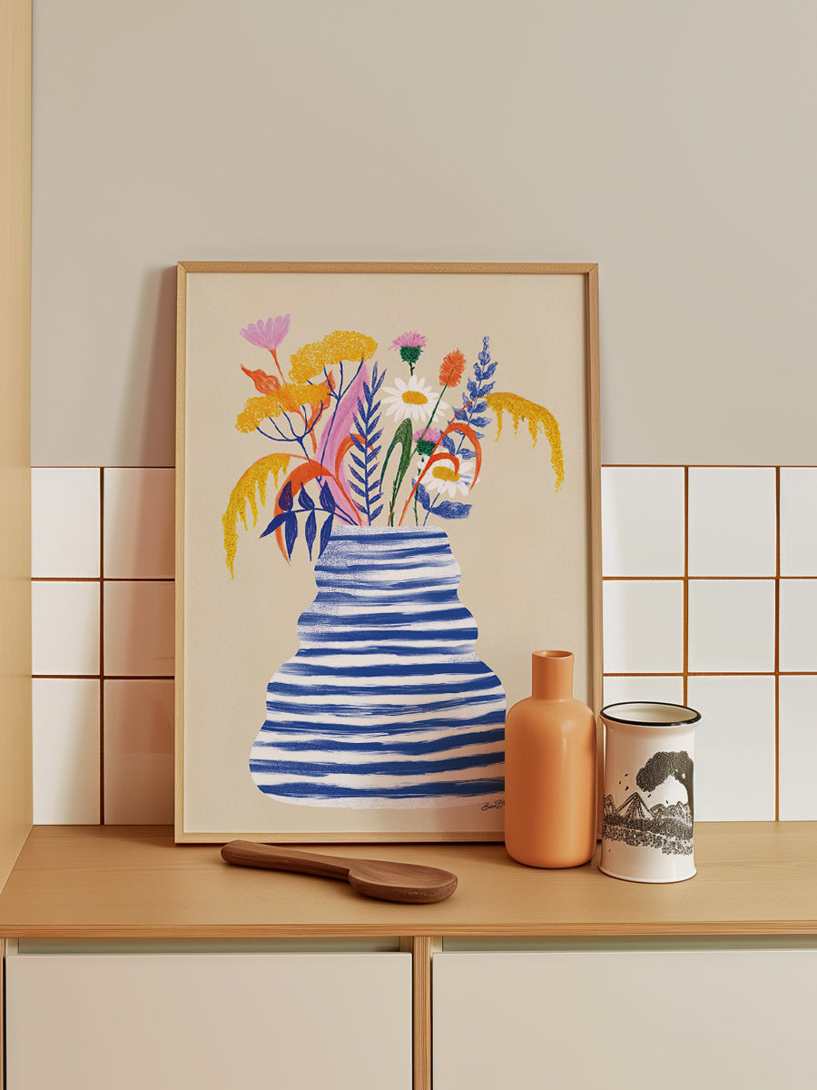 Happy Floral Vase with Stripes