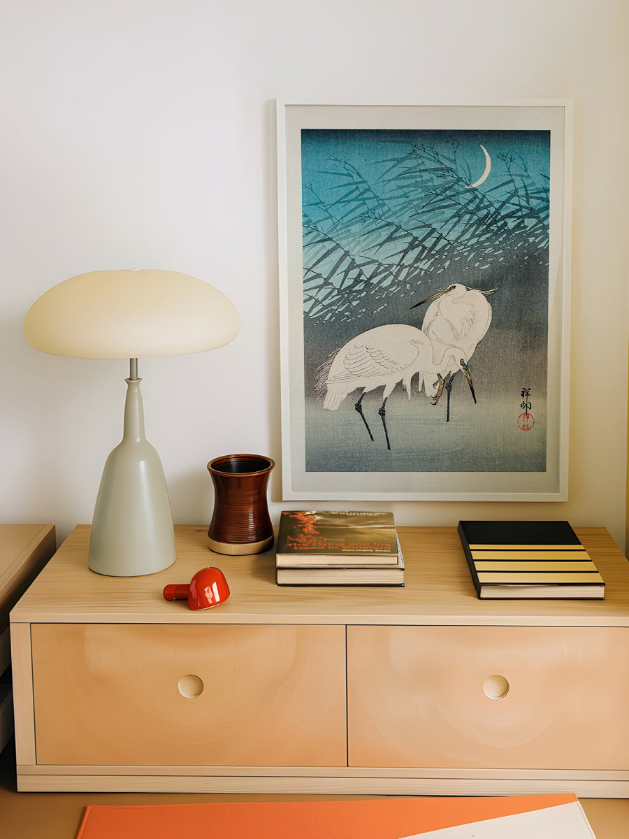 Egrets and Reeds In Moonlight